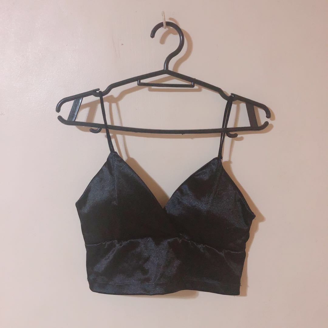 Black Satin Bralette, Women's Fashion, Tops, Sleeveless on Carousell