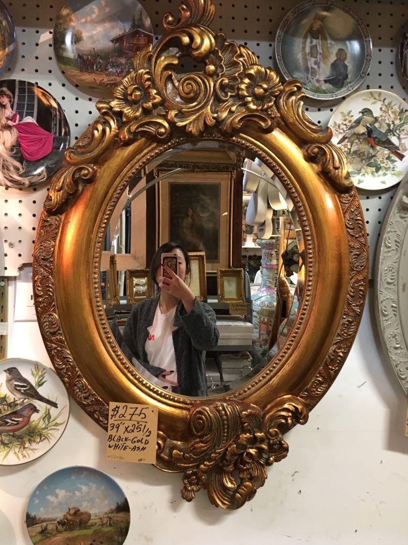 Black White Gold Ash 39 X 25 1 2 Framed Oval Mirror Vintage