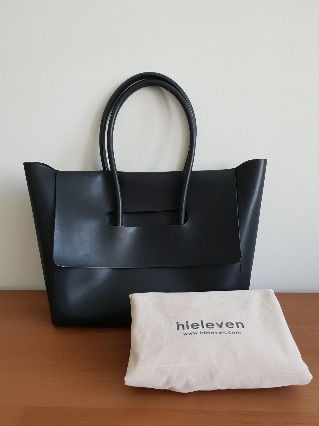 HIELEVEN City Unitude Black Leather Logo Handbag Purse Handles Pocket  Dustbag