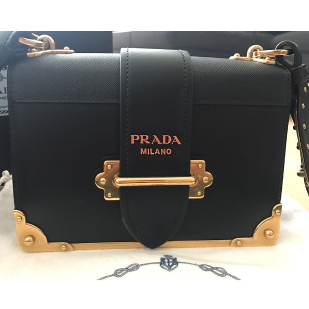 Prada Cahier Micro Spazzolato Patent Leather Black Gold Crossbody MSRP $1350