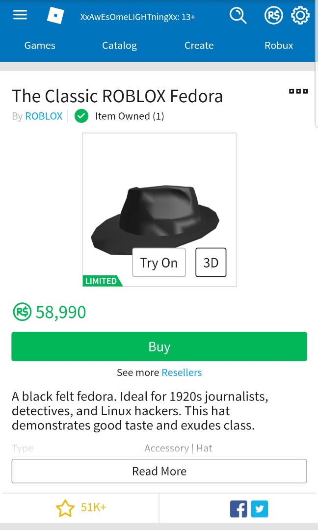 Roblox Classic Fedora Toys Games Video Gaming In Game Products - share this listing