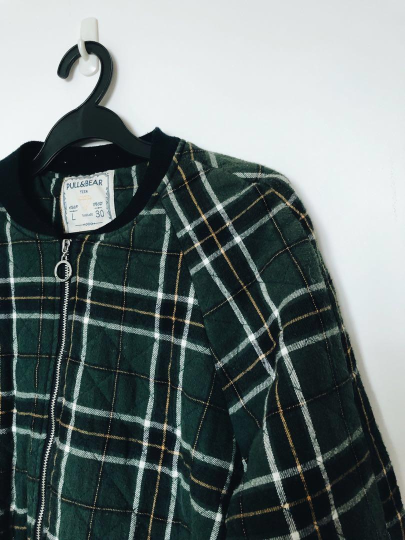 Sale Pull Bear Green Checkered Puffy Winter Bomber Jacket