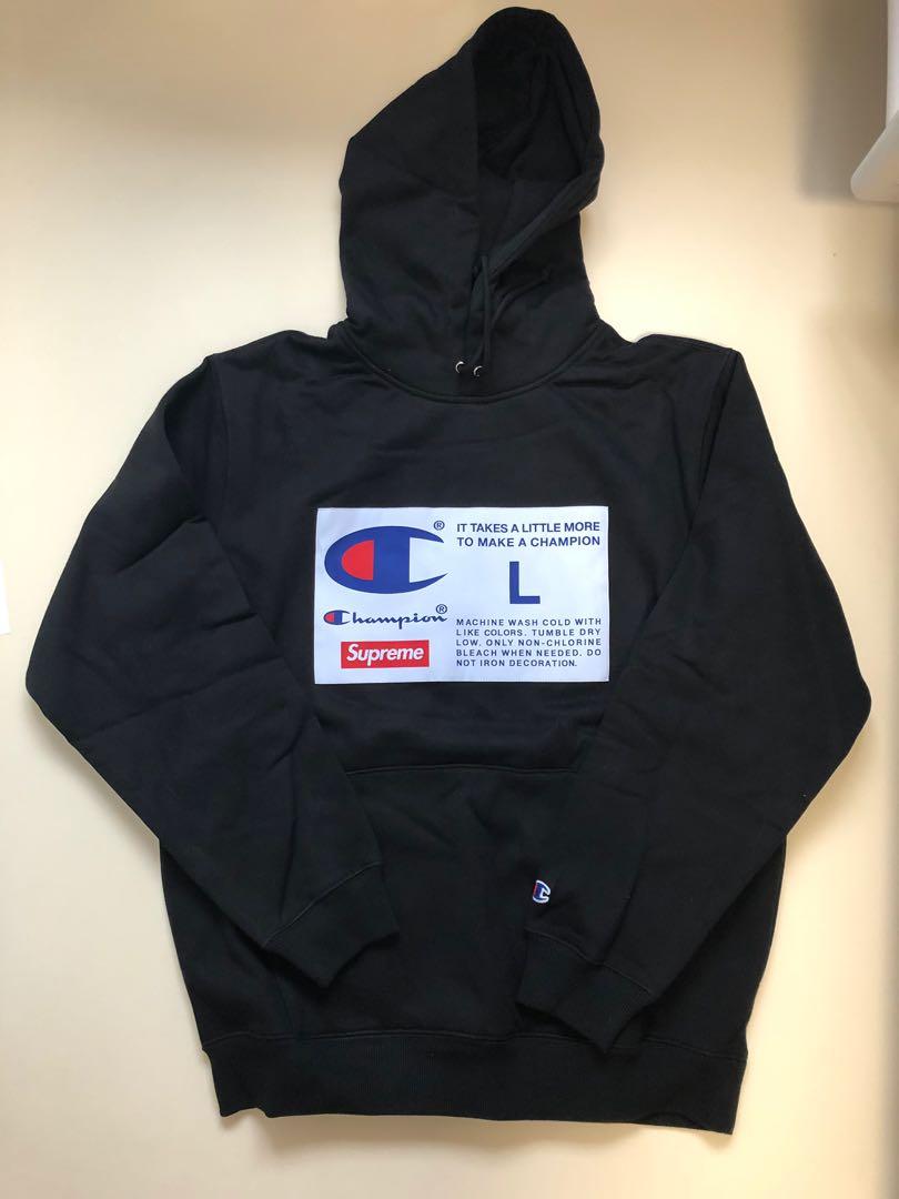 supreme champion label hooded sweatshirt black