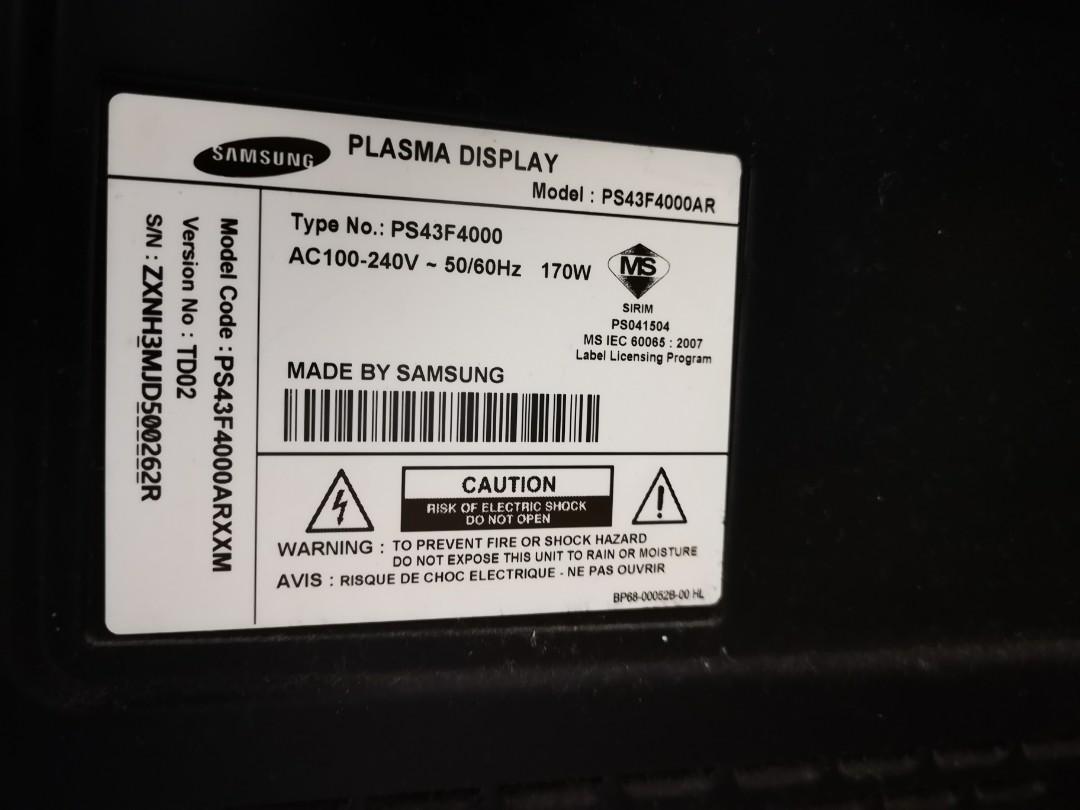 Samsung Plasma TV 43 Inch Model PS43F4000, TV & Home Appliances, TV