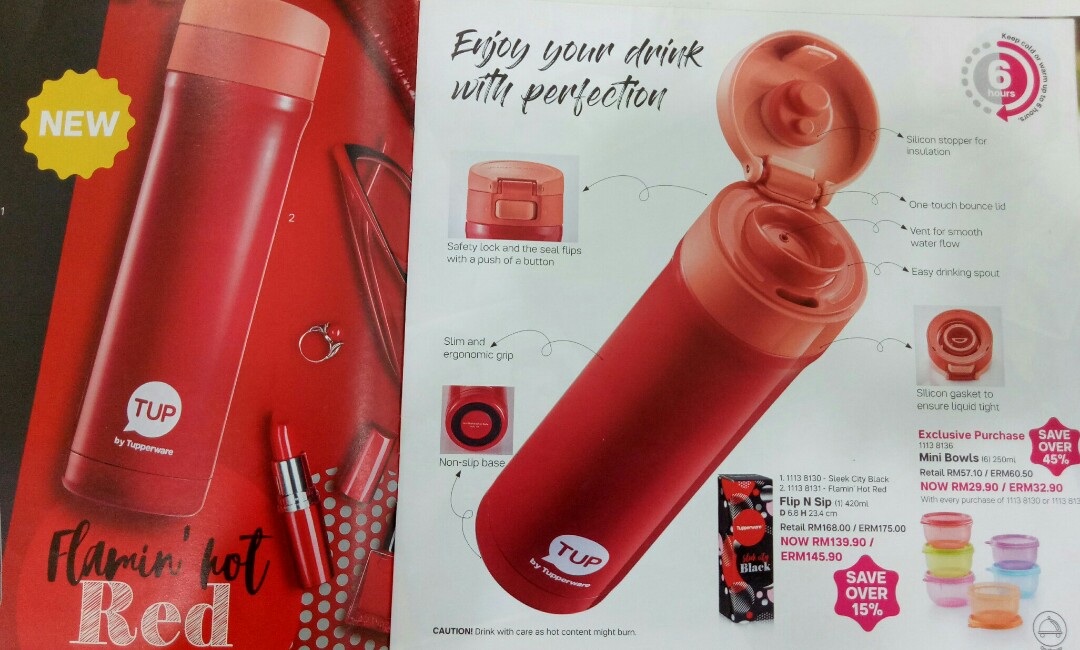 Tupperware Flip n Slip Thermal Flasks 420ml Red
