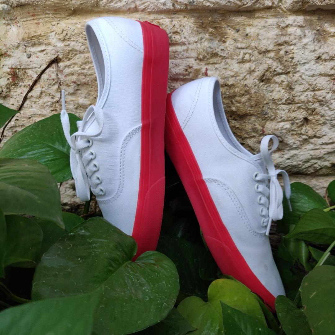 All white vans with red sole hot sale
