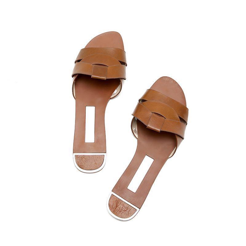 Zara Leather Crossover Sandals Slippers Camel Brown