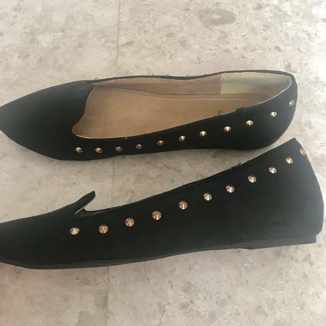 Black Pointed Flats with Gold Studs 