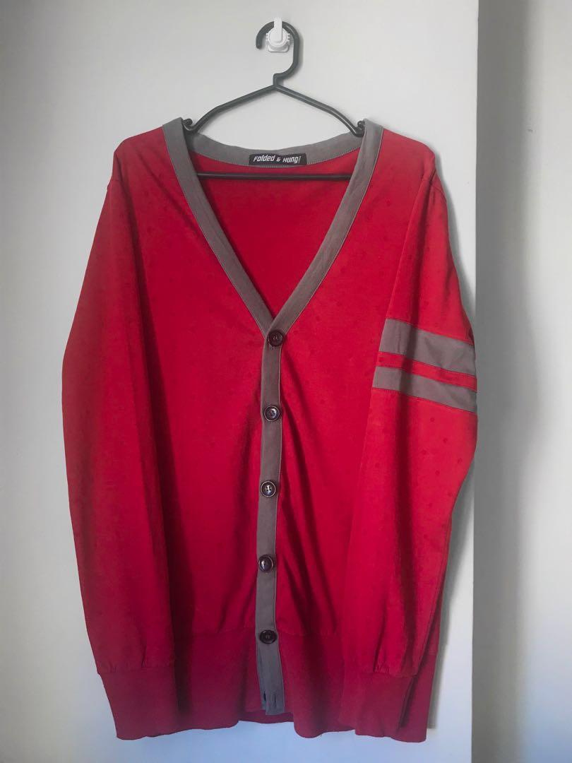 Folded and Hung red cardigan (Category: Coats, Jackets and Outerwear) located in Taguig. Submitted by fatefly (Listing ID 214370927, Image 1). Description: Pre-loved folded and hung red cardigan Meet-ups: Market-Market, BGC, SM Aura Shipping via Grab at the expense of buyer Deposits will be on BPI account.