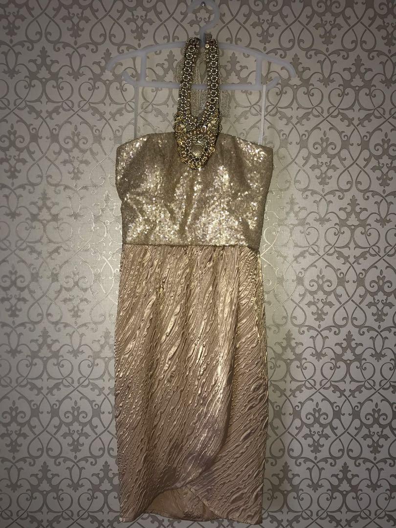Gold cocktail dress party dress, Fesyen 
