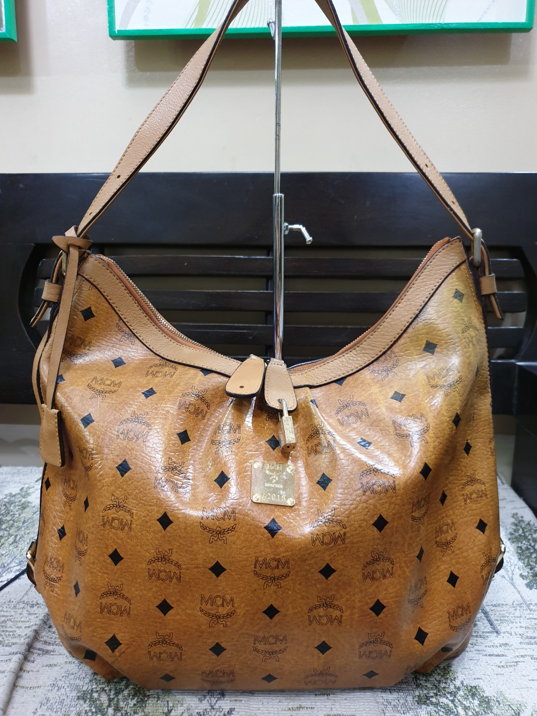 MCM Visetos Large Cognac Shoulder Bag with Lock and Key, Luxury, Bags