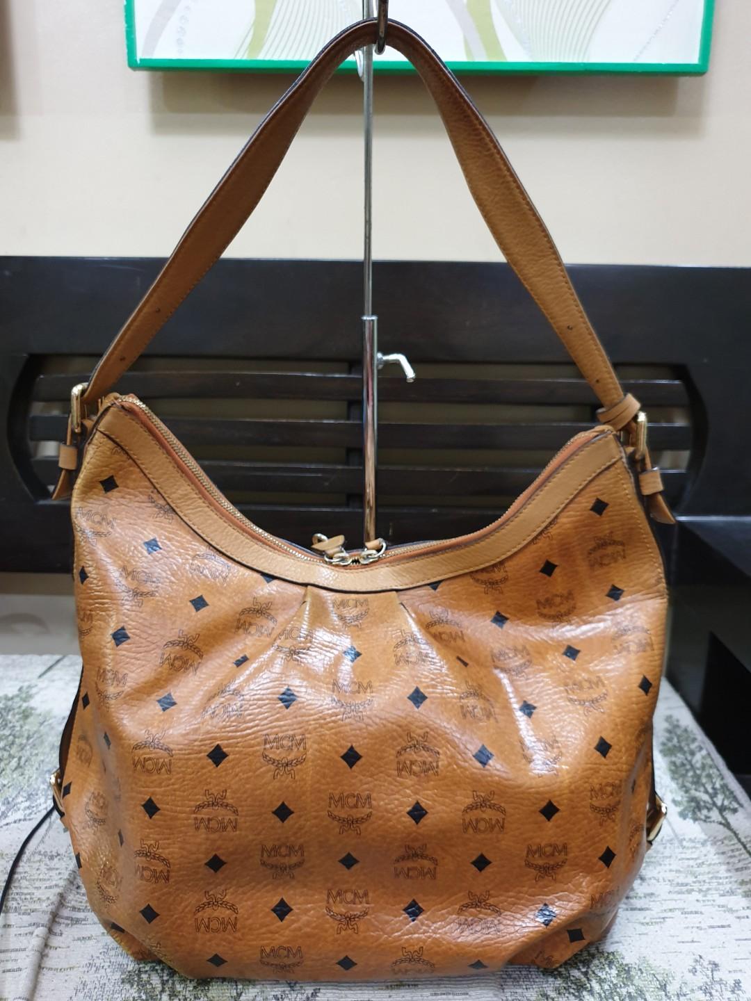 MCM Visetos Large Cognac Shoulder Bag with Lock and Key, Luxury, Bags