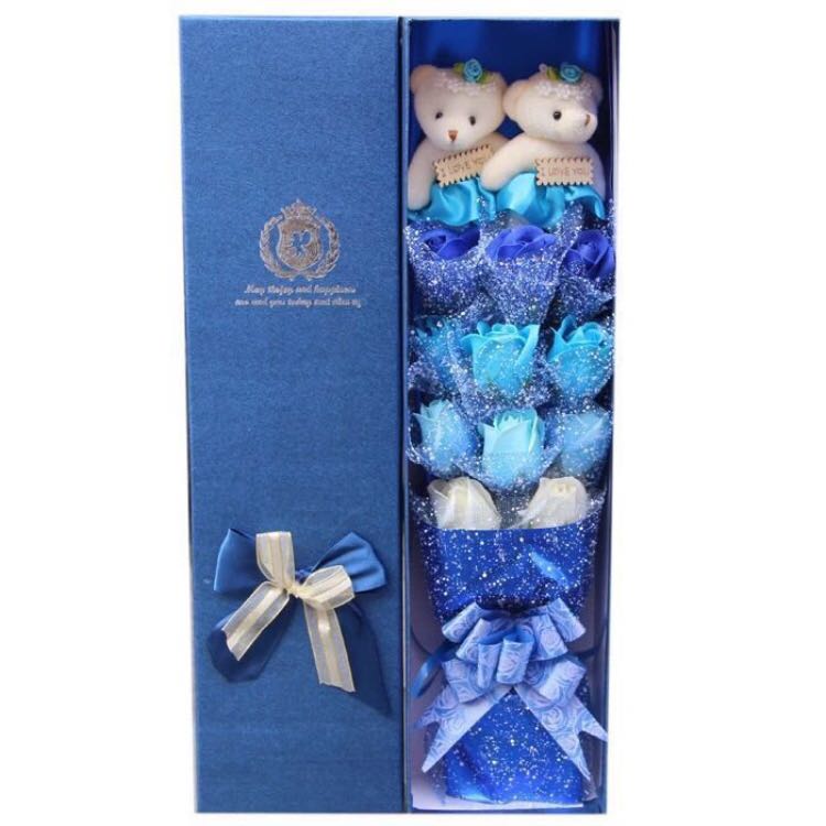 Valentine Teddy Bear Flower Bouquet In Gift Box (2 Teddy Bear & 11 Blue ...