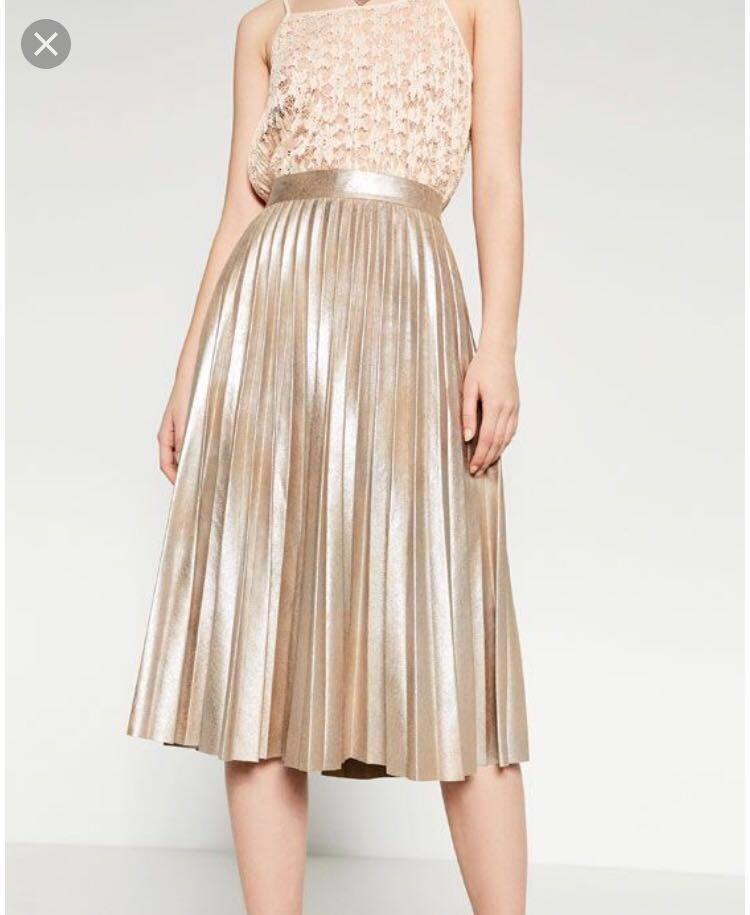 Zara gold pleated skirt, Women's 