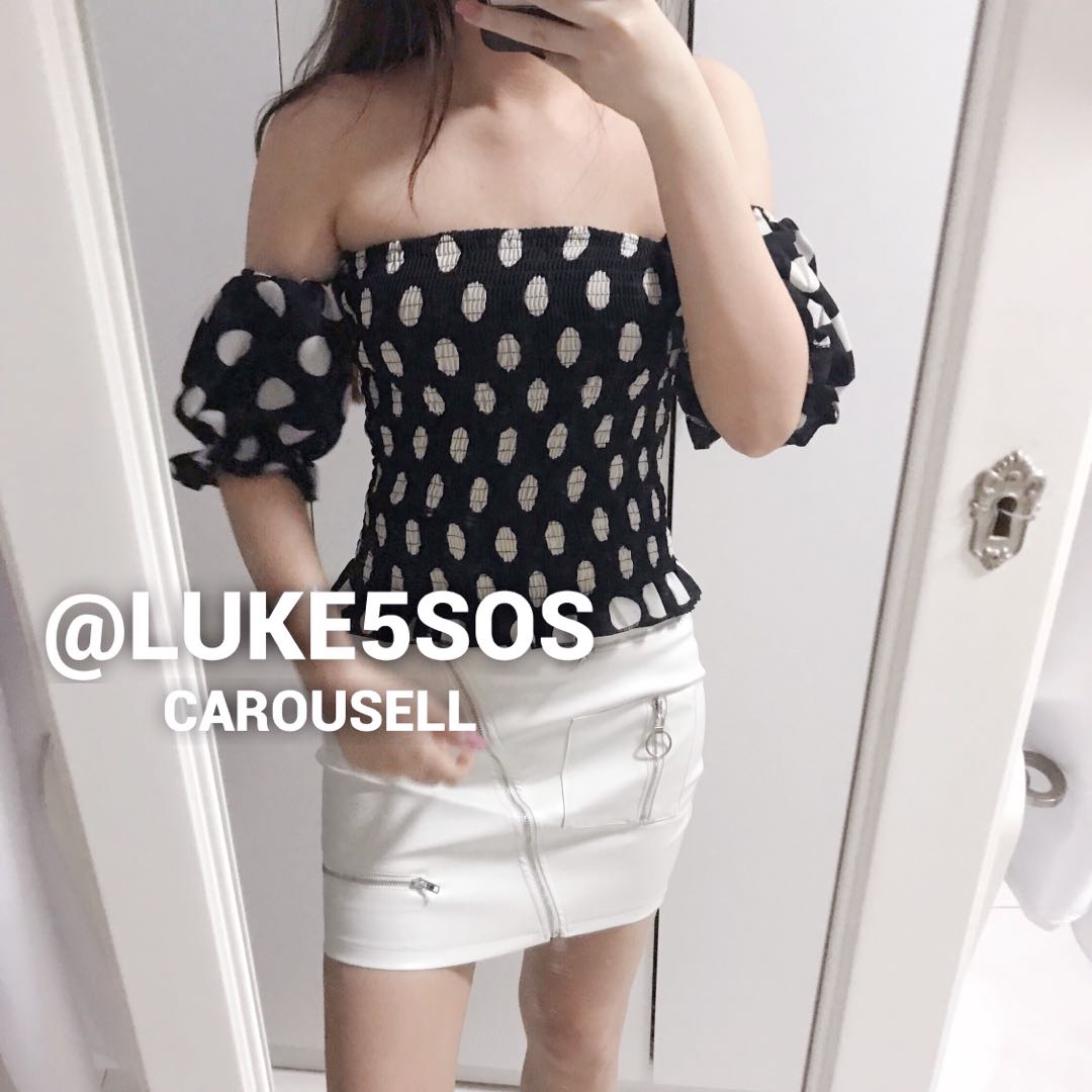 black and white polka dot off the shoulder top
