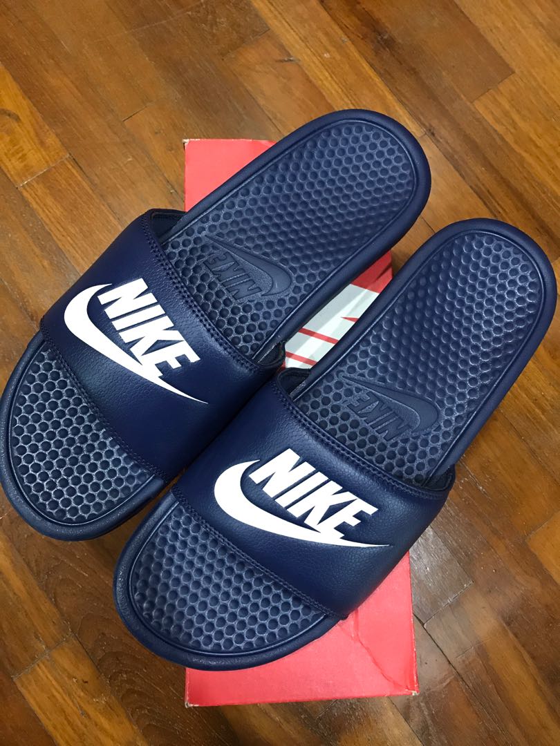 nike white and blue sliders