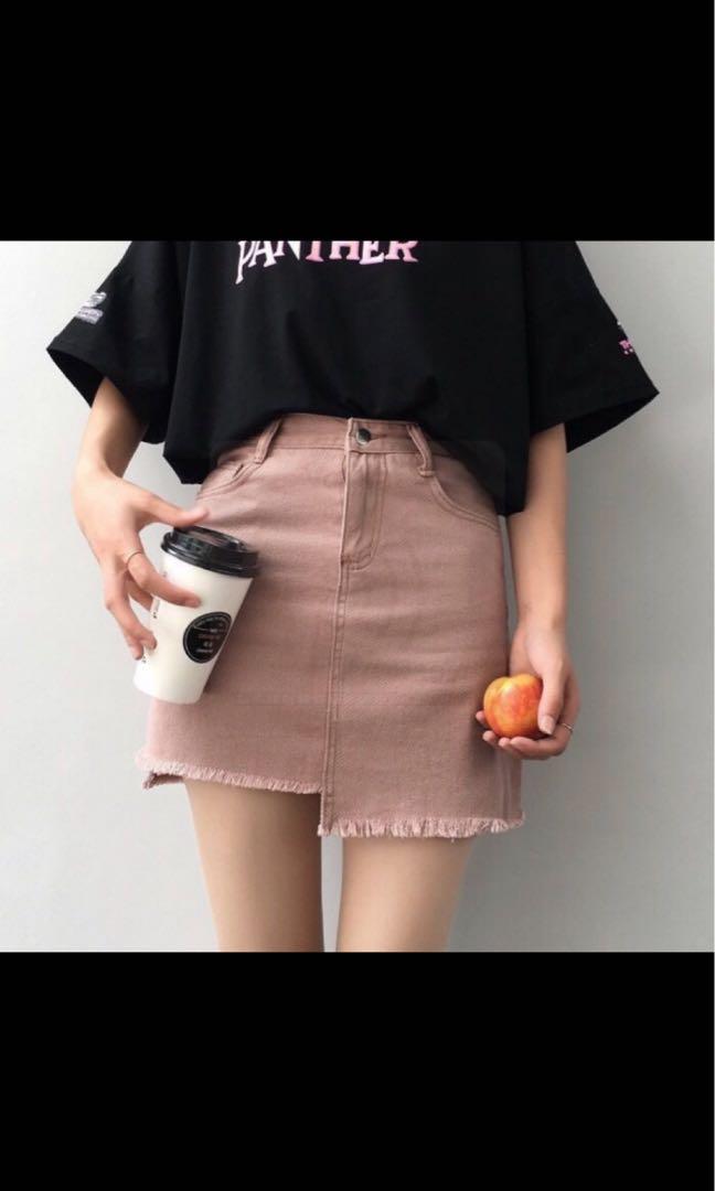 pastel pink denim skirt