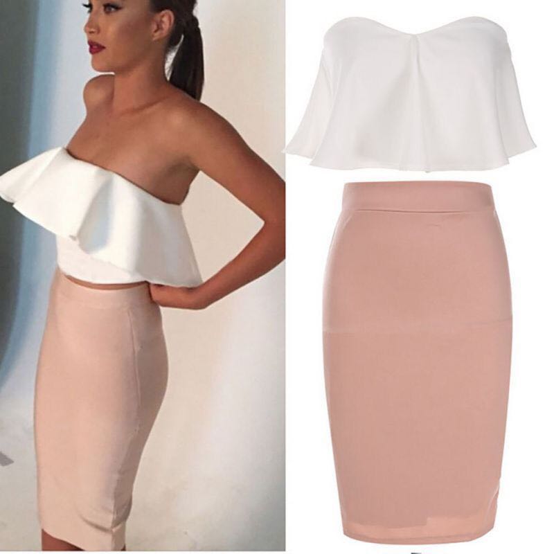 white tube top and skirt set