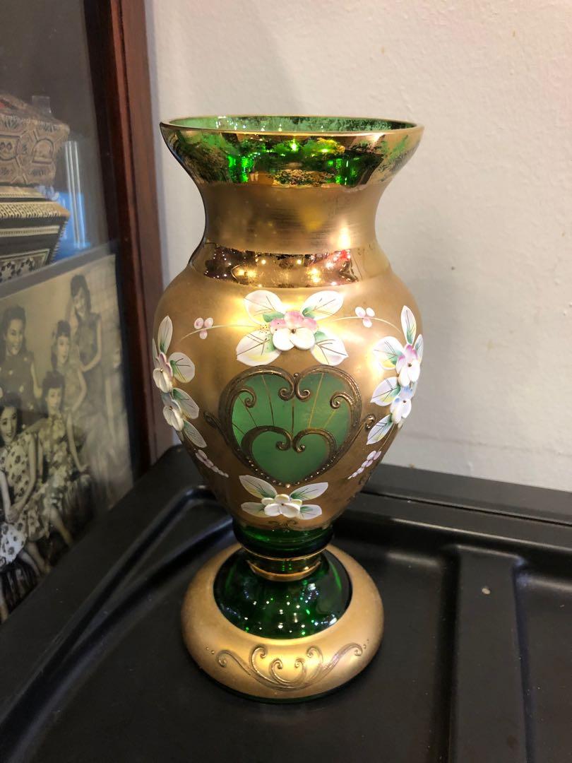 Vtg Bohemia Crystal Green Art Glass Vase Vintage Collectibles