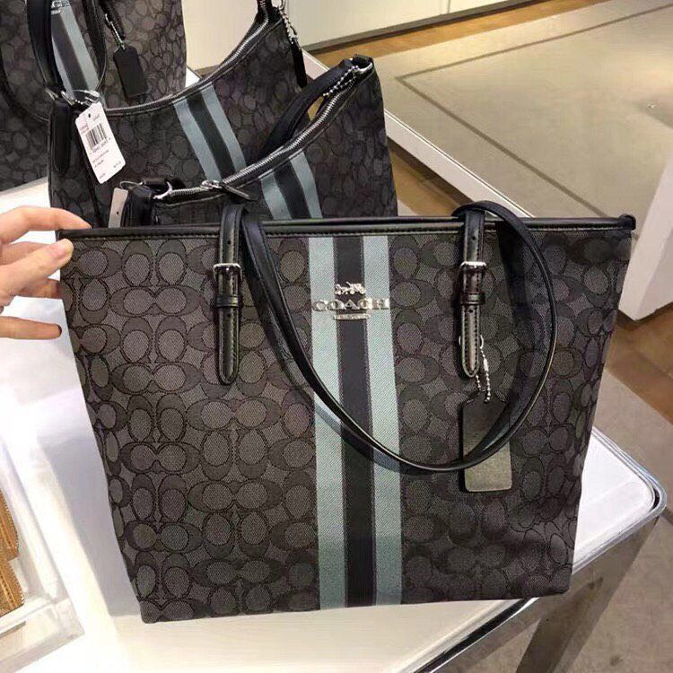 Authentic coach zip top tote in signature jacquard with stripe