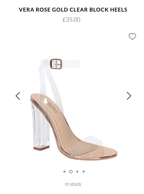clear gold block heels