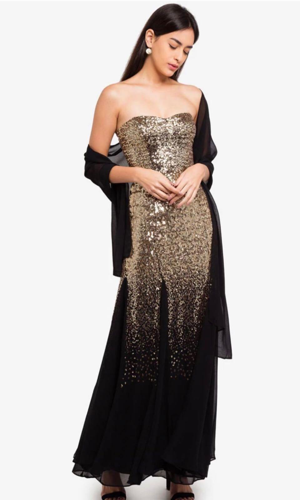 GODDIVA Bandeau Sequin and Chiffon Maxi Dress Women s Fashion
