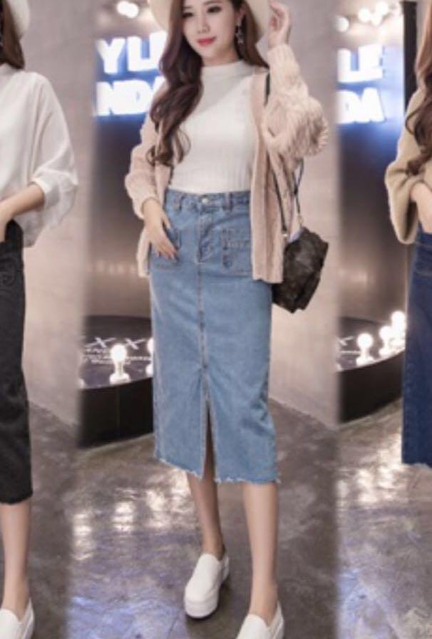 High waisted denim midi skirt clearance