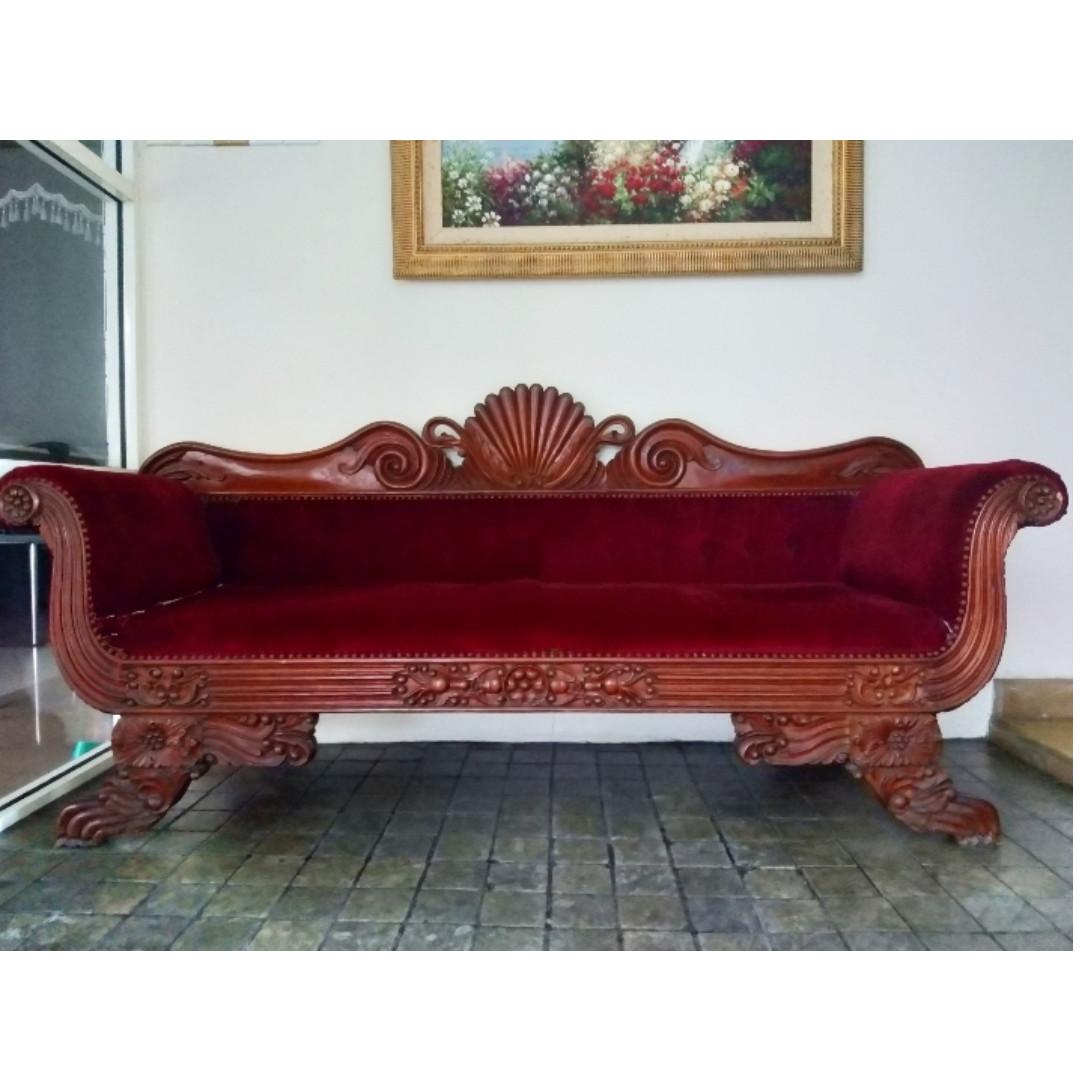 Sofa Jepara With Solid Varnish Wood And Red Velvet Cushion Home