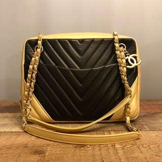 Authentic Chanel Chevron Black with Champagne Gold Borders Camera Bag w Brushed Matte Gold Hardware