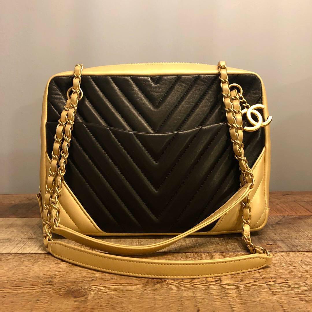Sold at Auction: Chanel Black and Champagne Chevron Quilted Camera Bag
