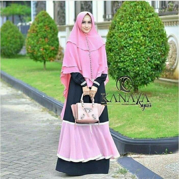 Kanaya Syari Navy Gold Pink Hitam Gamis Layer Keliling Bergo Pet Antem Bestseller Premium Fesyen Wanita Muslim Fashion Gaun Di Carousell