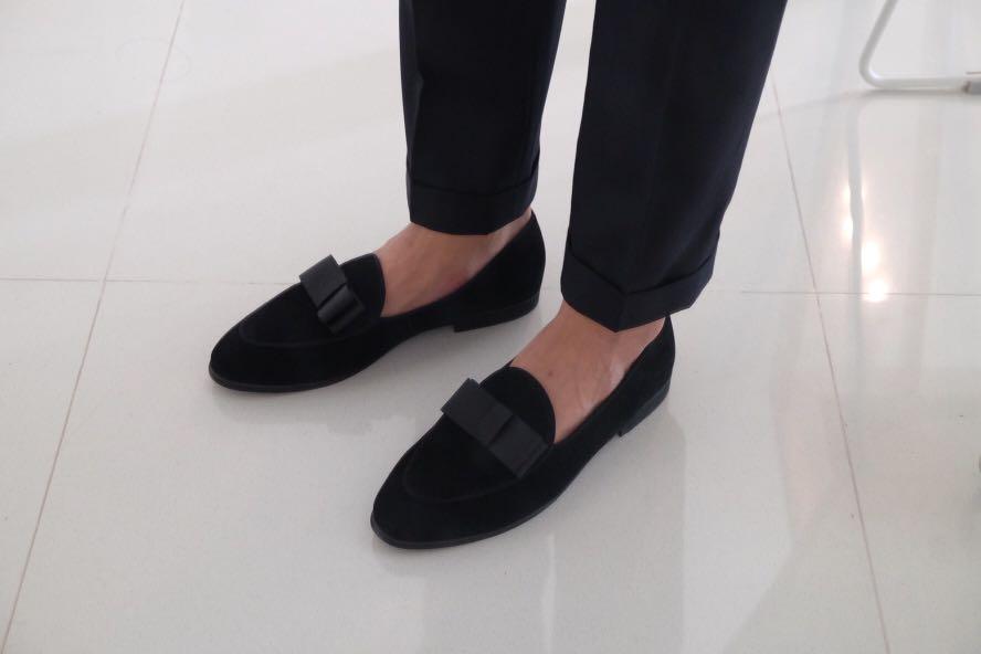 Men Loafers Shoes Slip On Bow Tie Knot Suede Velvet Black Tie Tuxedo Black, Men's Fashion, Footwear, Shoes on Carousell