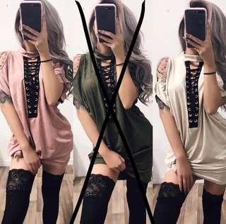 SweetMayhem Vixen Cold Shoulder Lace Up T-Shirt Dress Suede