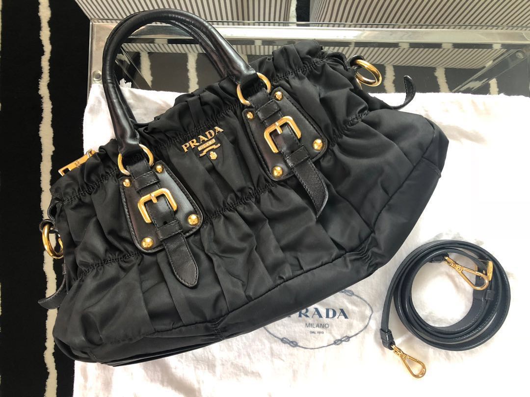 Prada Tessuto Gaufre Ruched Nylon Hobo in Black