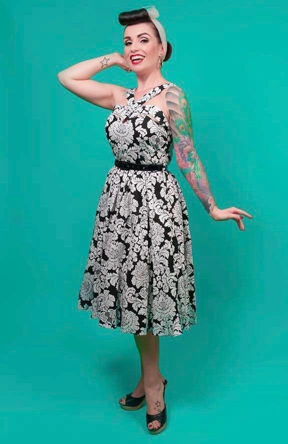 Bernie Dexter Goddess Swing Dress In Black Damask Print Xs Uk6