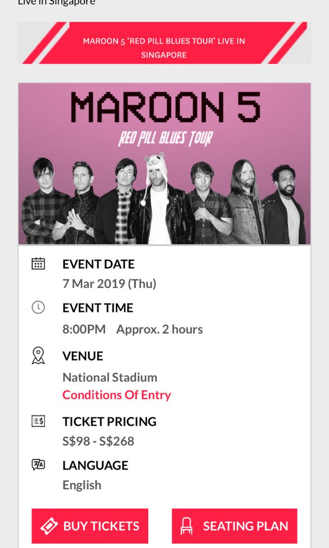 Maroon 5 Singapore Concert Red Pill Blues Tour Standing Pen A Entertainment Events Concerts On Carousell Maroon 5 live in singapore.