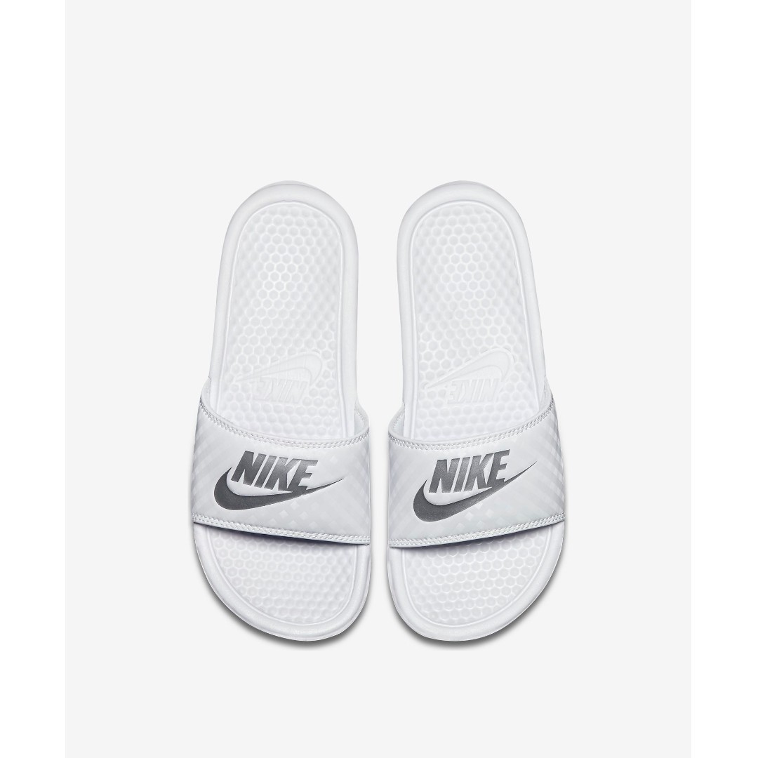 NIKE BENASSI JDI WOMEN'S SLIDE - WHITE/METALLIC SILVER, Women's Fashion,  Footwear, Flipflops and Slides on Carousell