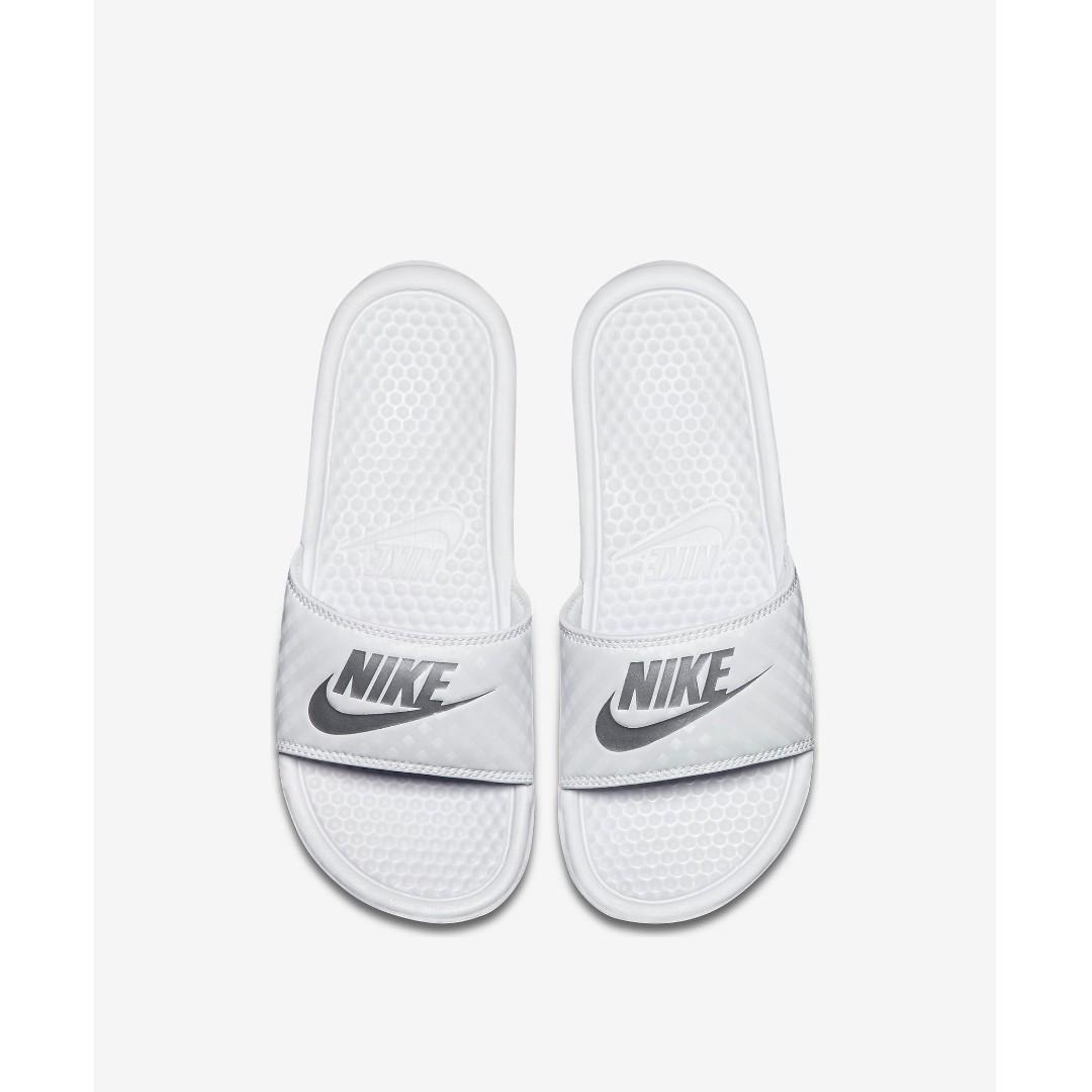 silver nike slides