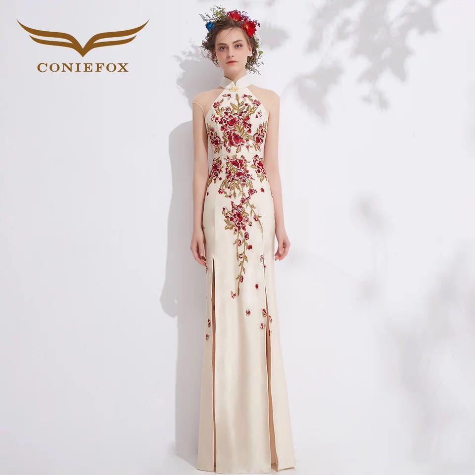 Ivory with Red Floral Embroidery Qipao Gown Women s Fashion