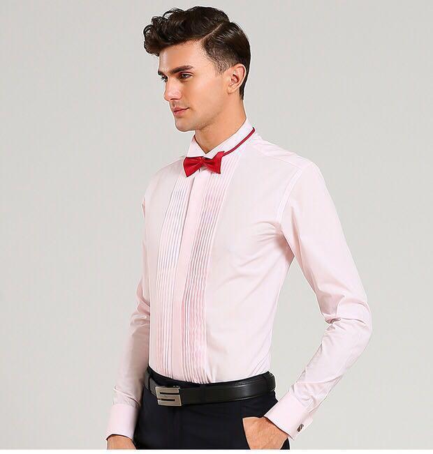 Men Baby Pink Formal Shirt with Bow Tie, Men's Fashion, Tops & Sets ...