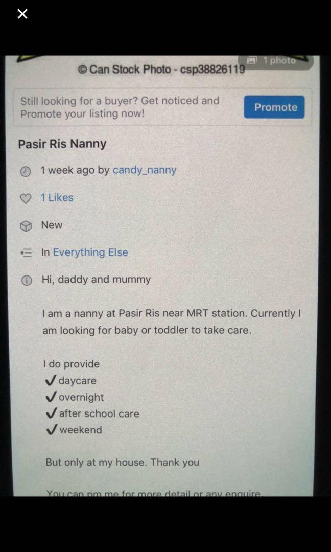 Pasir Ris nanny (Category: Other Kids Furniture) located in Singapore. Submitted by btob_0502 (Listing ID 211575084, Image 1). Description: Please do pm me for any enquirers..