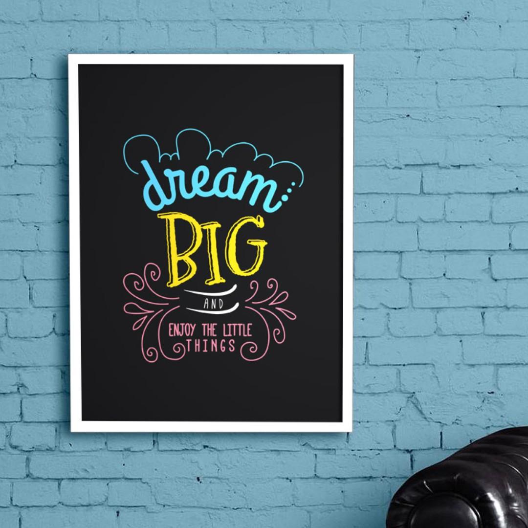 A3 Dream Big Black Background Quote Text Wall Art Poster Home