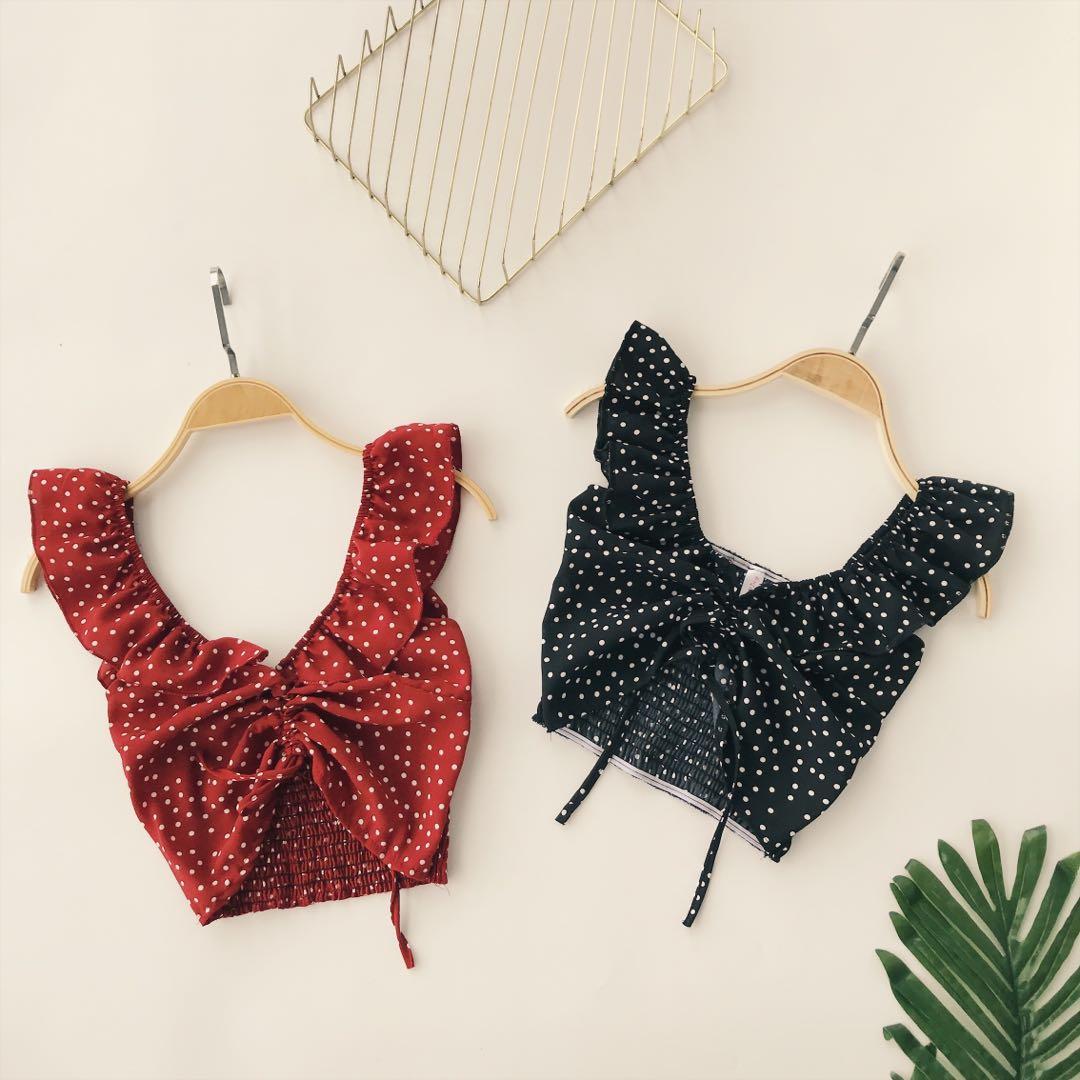red polka dot off the shoulder top