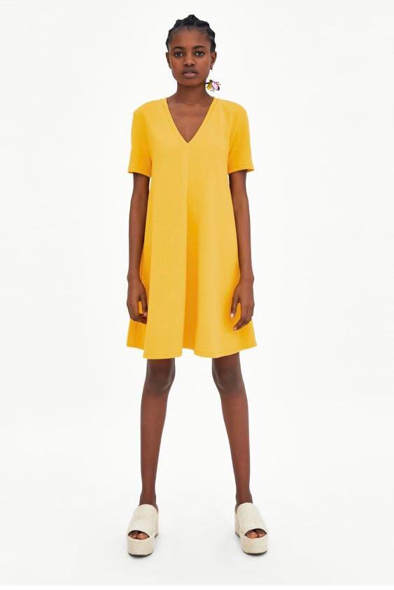Zara V neck Dress in Mustard, Women's 