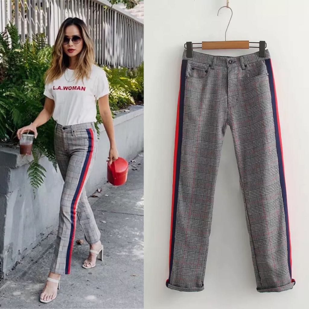 womens plaid pants with side stripe