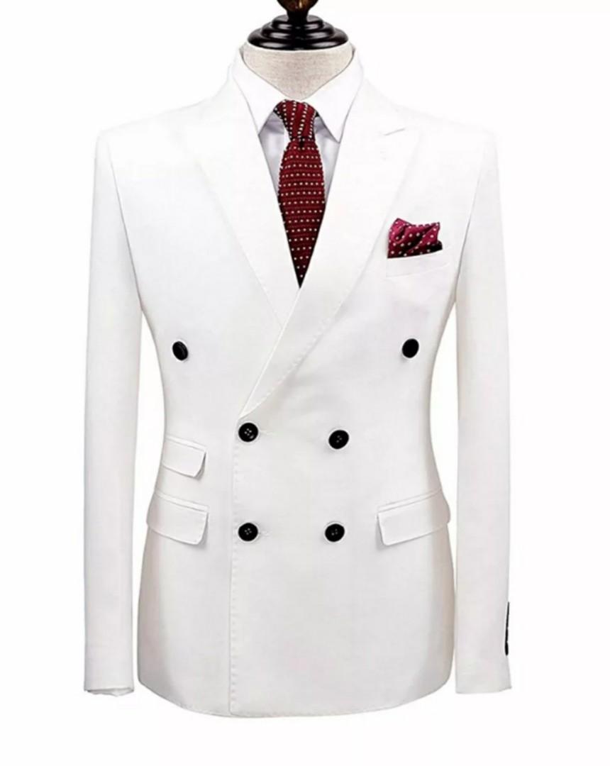 Men double breasted quality jacket suit formal white blue