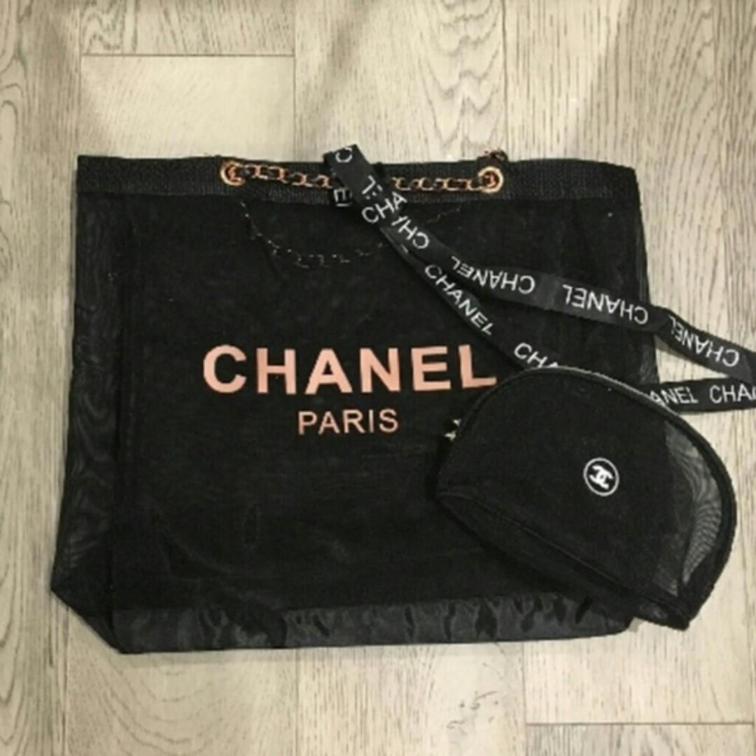 Chanel Beaute, Bags, New Chanel Beaute Black Canvas Logo Tote Bag W Gold  Chain Strap