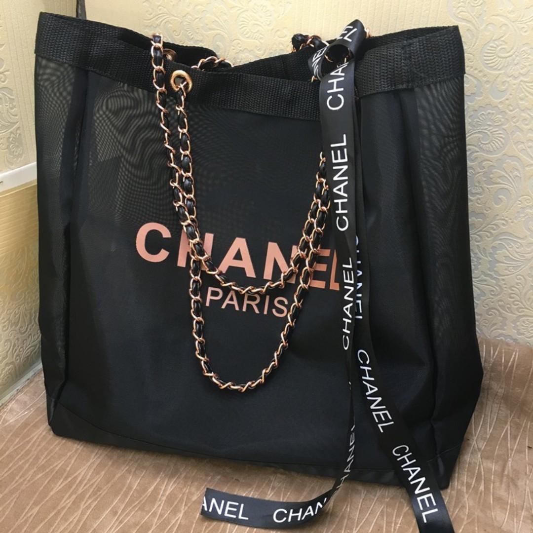 Instock! CHANEL Makeup Chain Strap Mesh Tote Bag With Pouch (Black