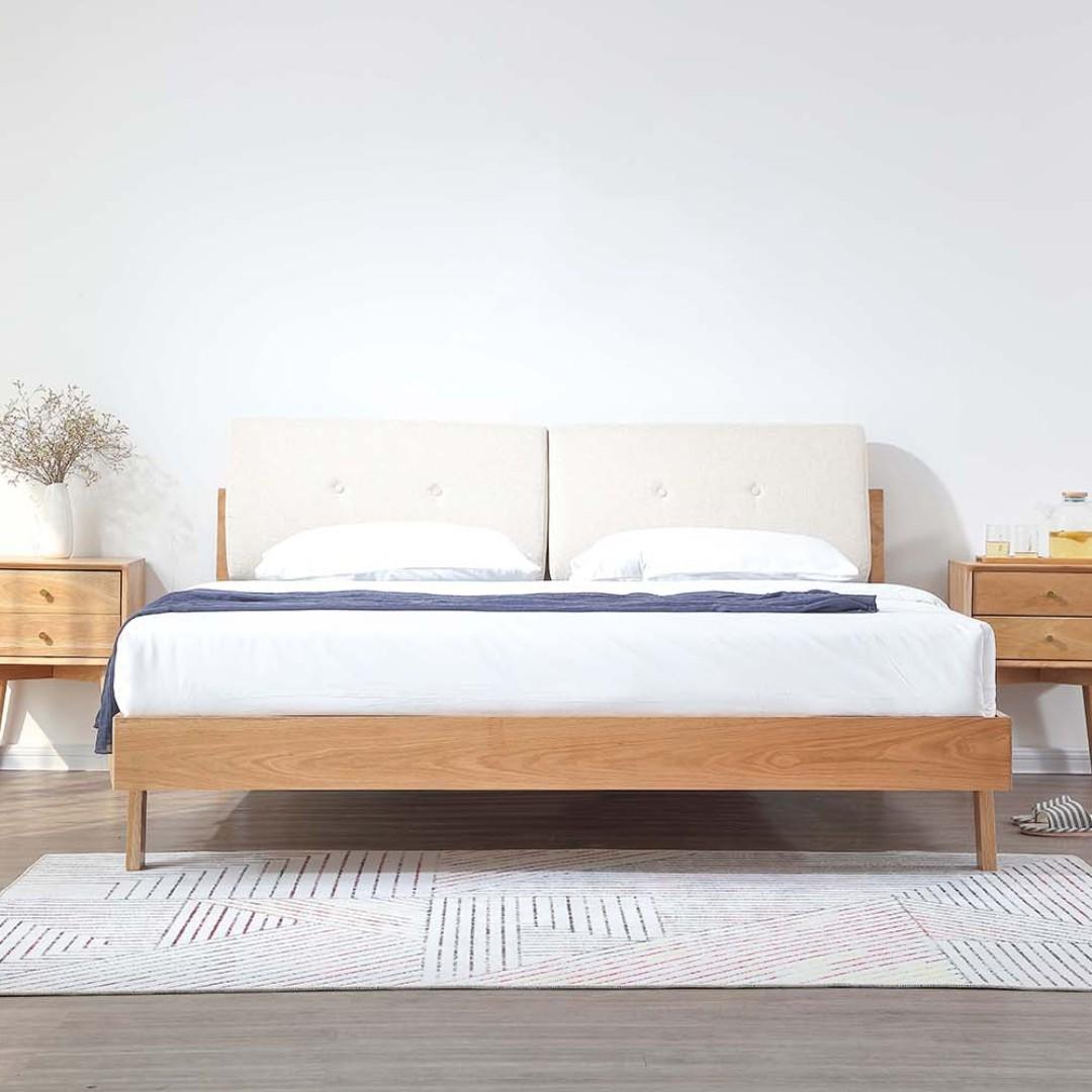 Queen Nara American Oak Wood BedFrame with Cushions, Furniture & Home