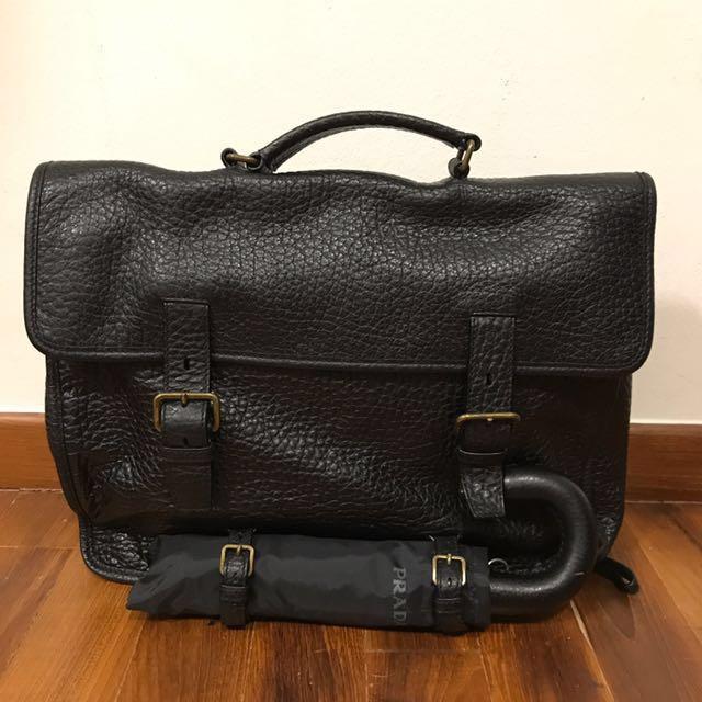 Vintage Authentic Genuine Prada Leather Briefcase with Umbrella, Luxury ...